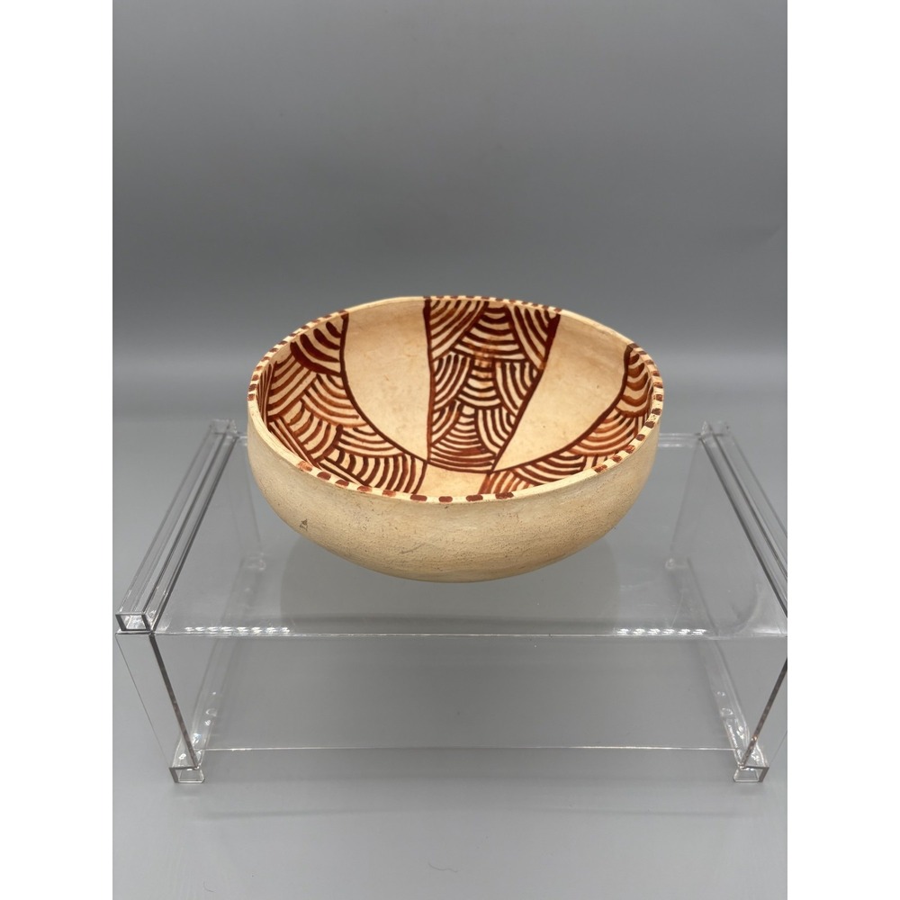 Vintage Wooden Pottery Bowl Beige & Brown Handmade Home Decor 7" x 3.5" - Picture 3 of 10